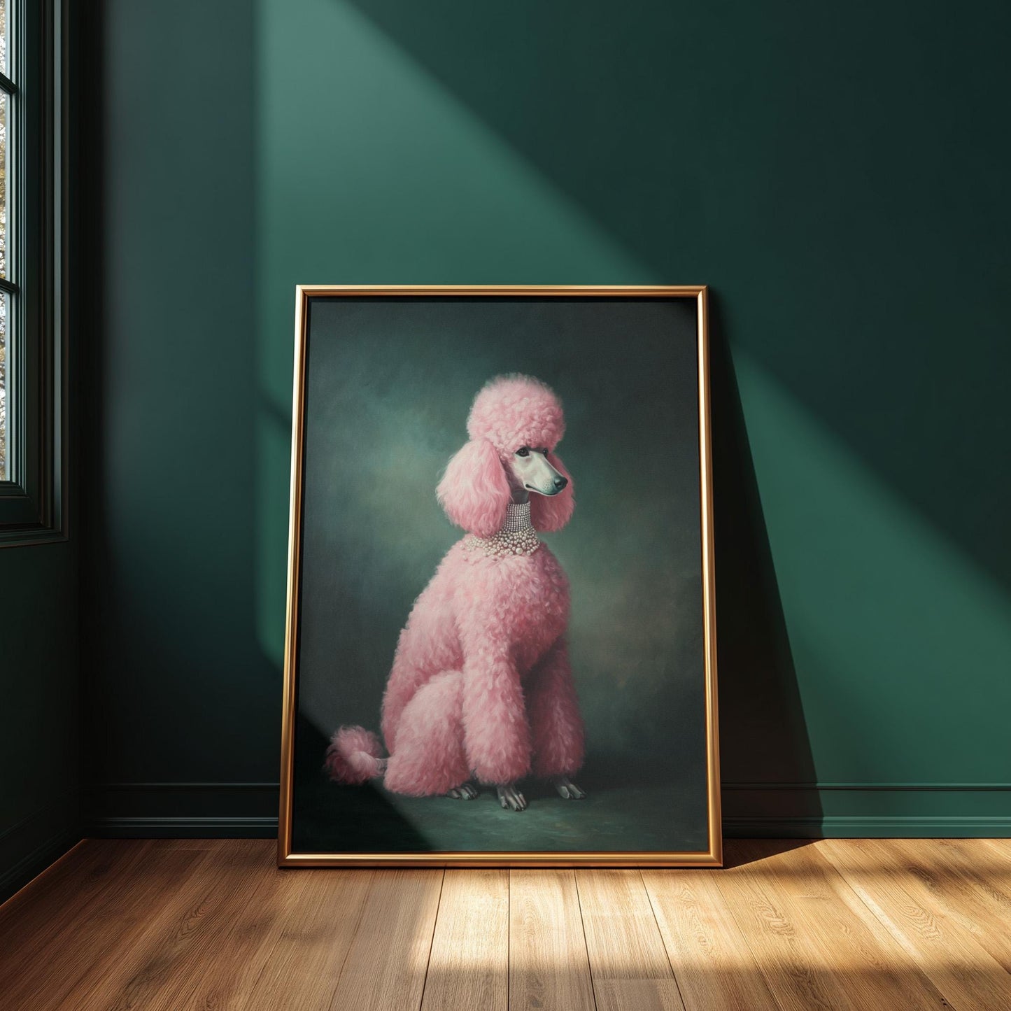 Pink Poodle Wall Print – Emerald Green Dog Art | Ready to Hang Gallery Canvas