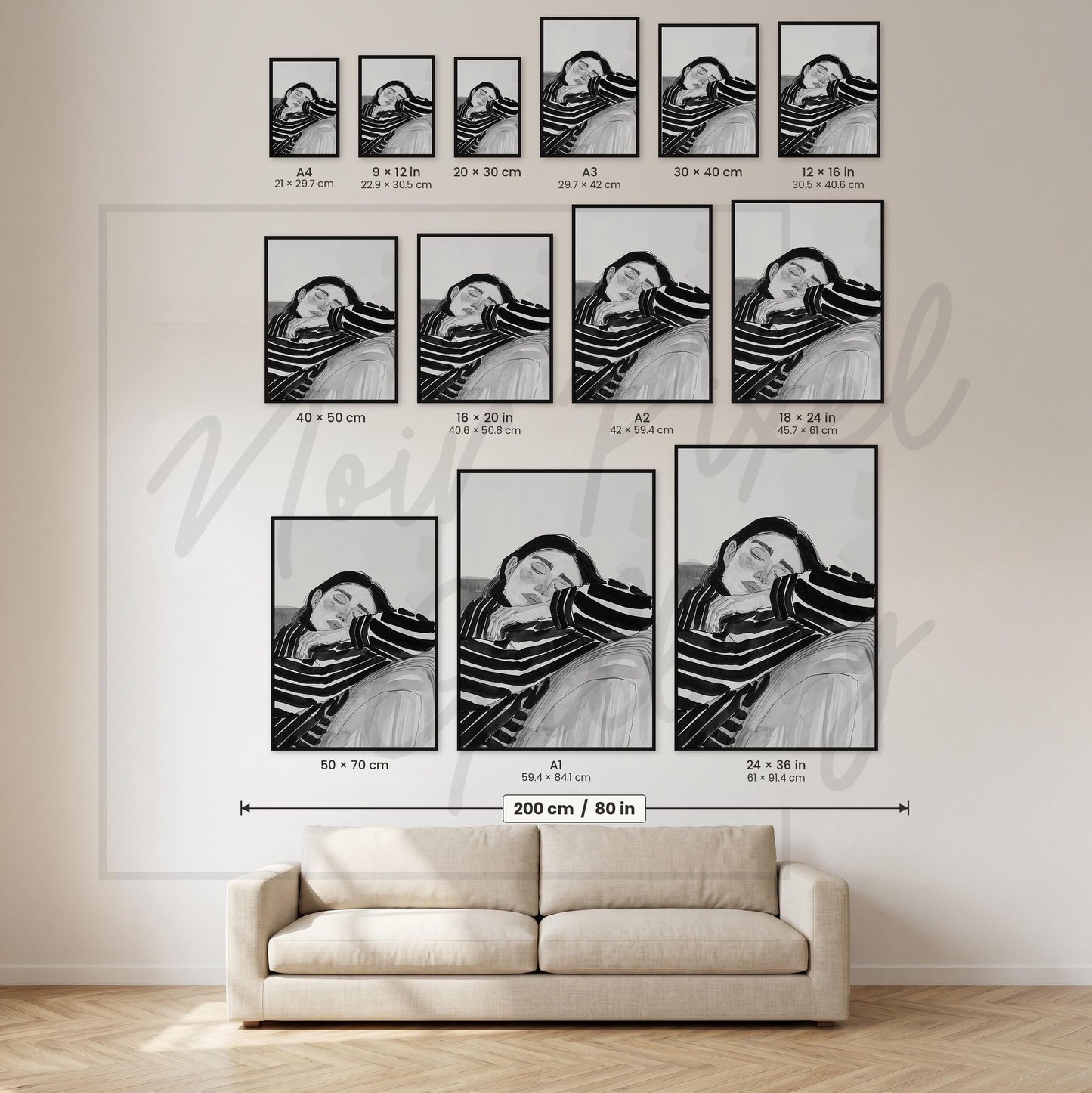 Minimalist Black and White Art – Resting Woman Print with Soft Gray Tones