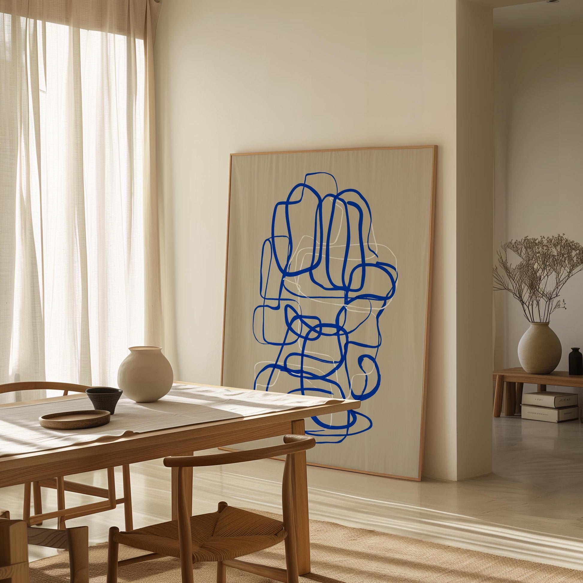 Blue Abstract Giclée Canvas Print Modern Minimal Line Composition Art for Scandinavian Living Room or Office