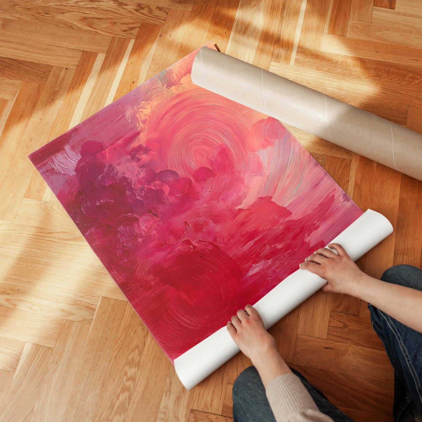 Pink and Red Abstract Canvas Art with Floating Frame