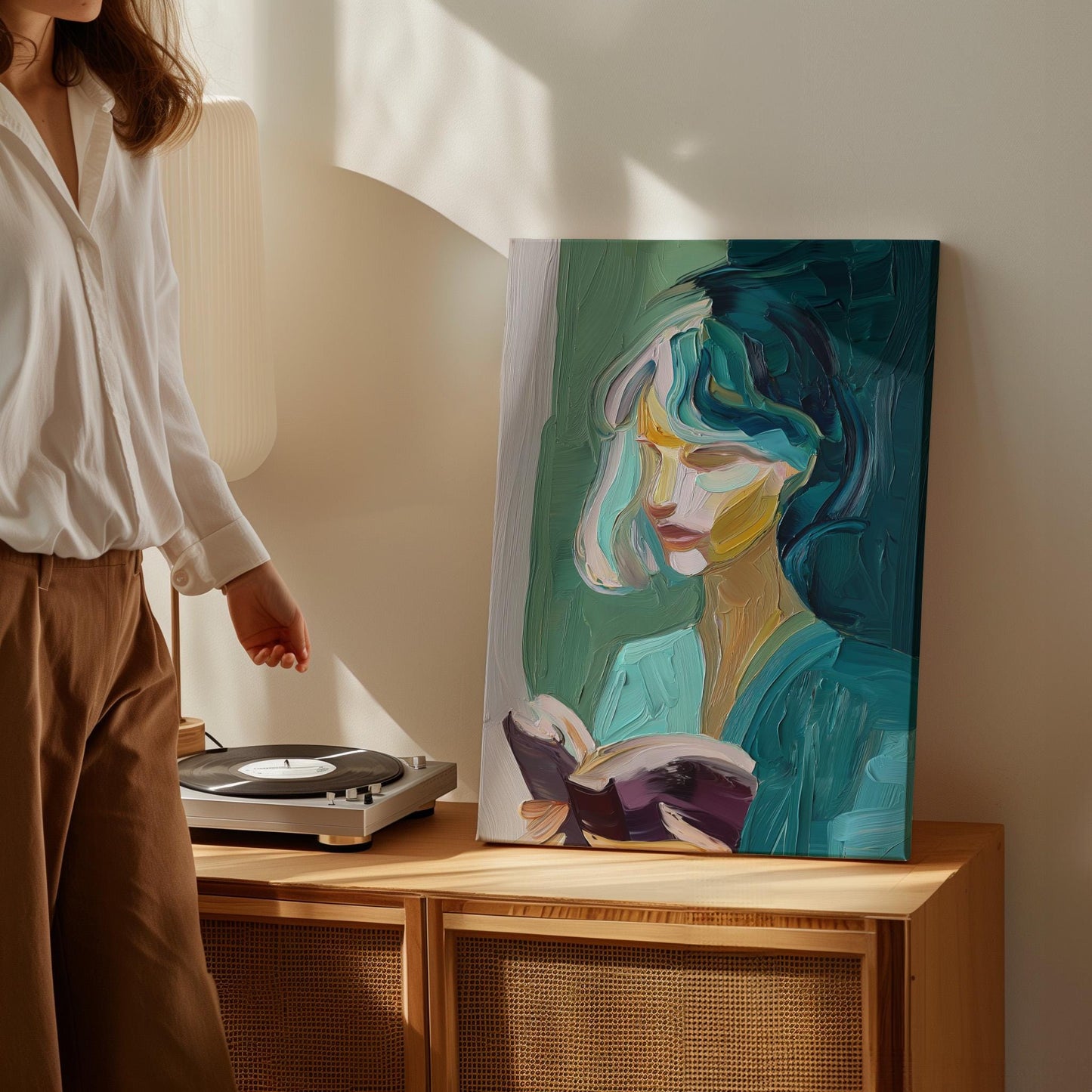 Abstract Figurative Canvas Wall Art – Modern Portrait of Woman Reading Giclée Print with Floating Frame