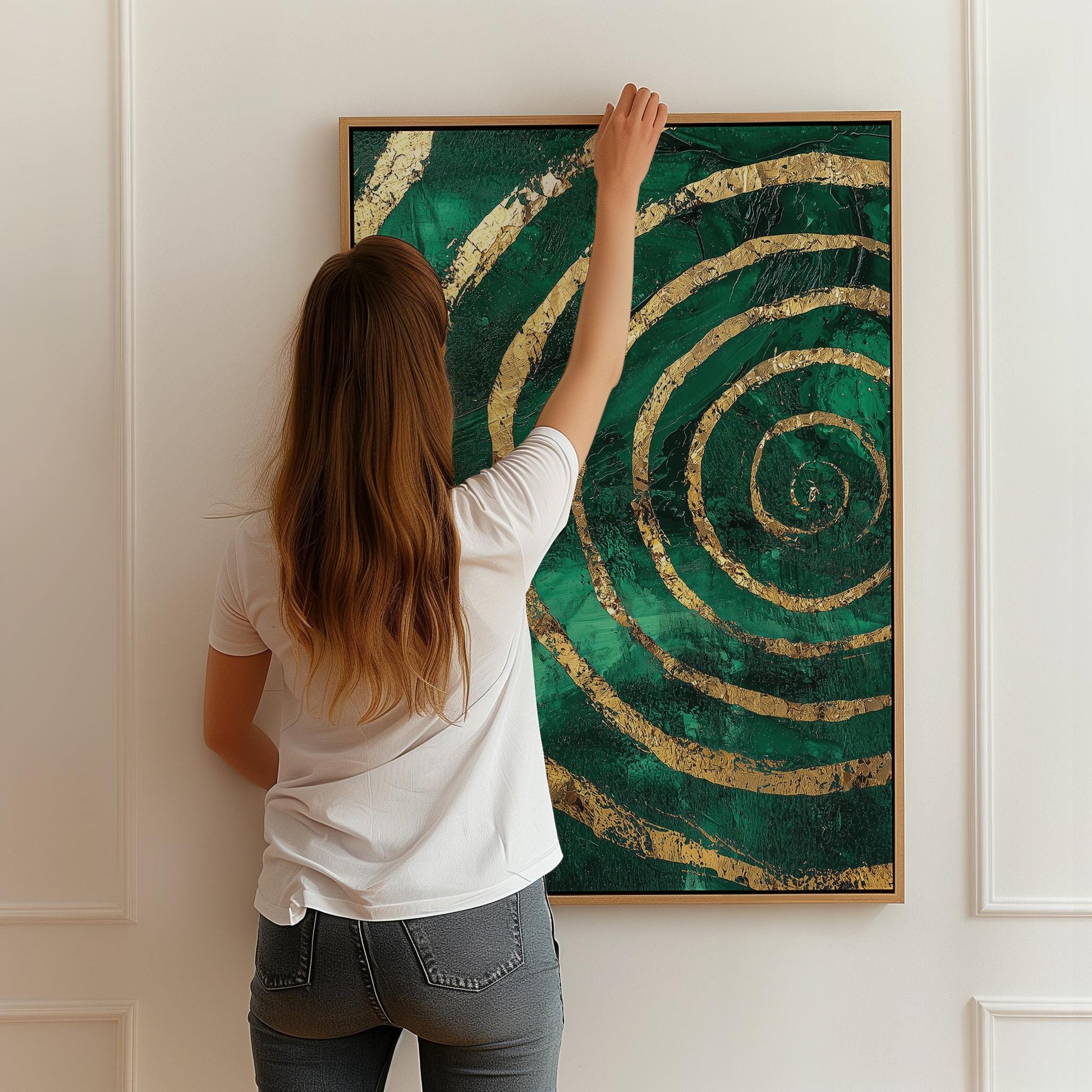 Emerald Green Spiral Giclée Canvas Print with Gold Accents, Modern Textured Abstract Wall Art for Living Room or Office