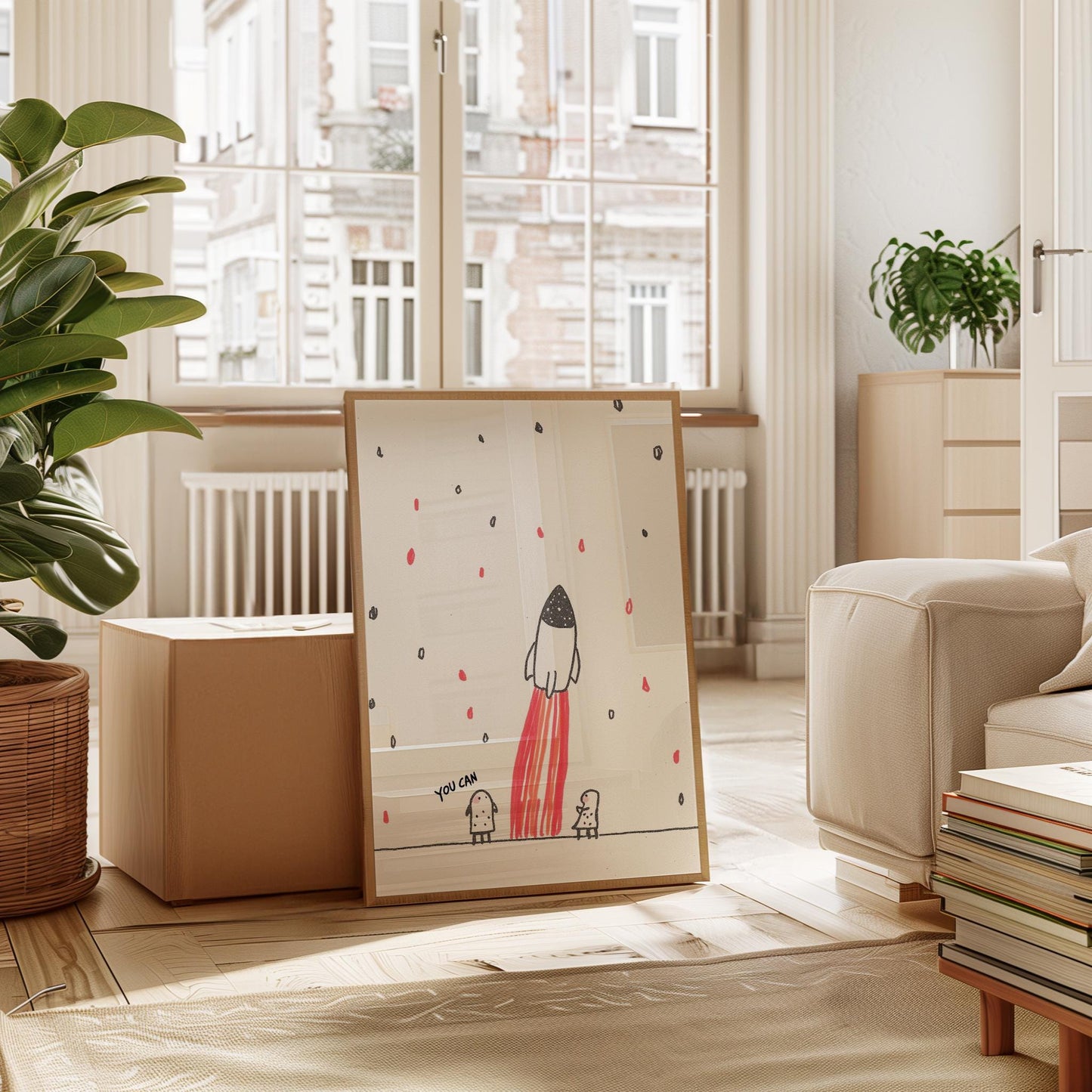 Rocket Ship Print – Inspirational Kids Room Decor with Pink Flames