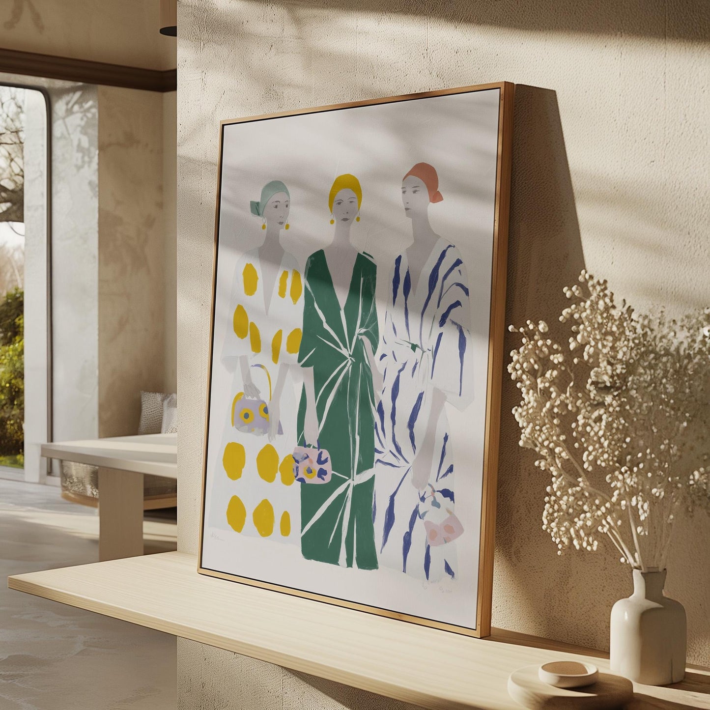 Figurative Canvas Wall Art Three Women in Patterned Dresses with Green Yellow and Blue Frame