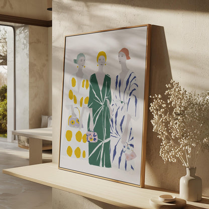 Figurative Canvas Wall Art Three Women in Patterned Dresses with Green Yellow and Blue Frame