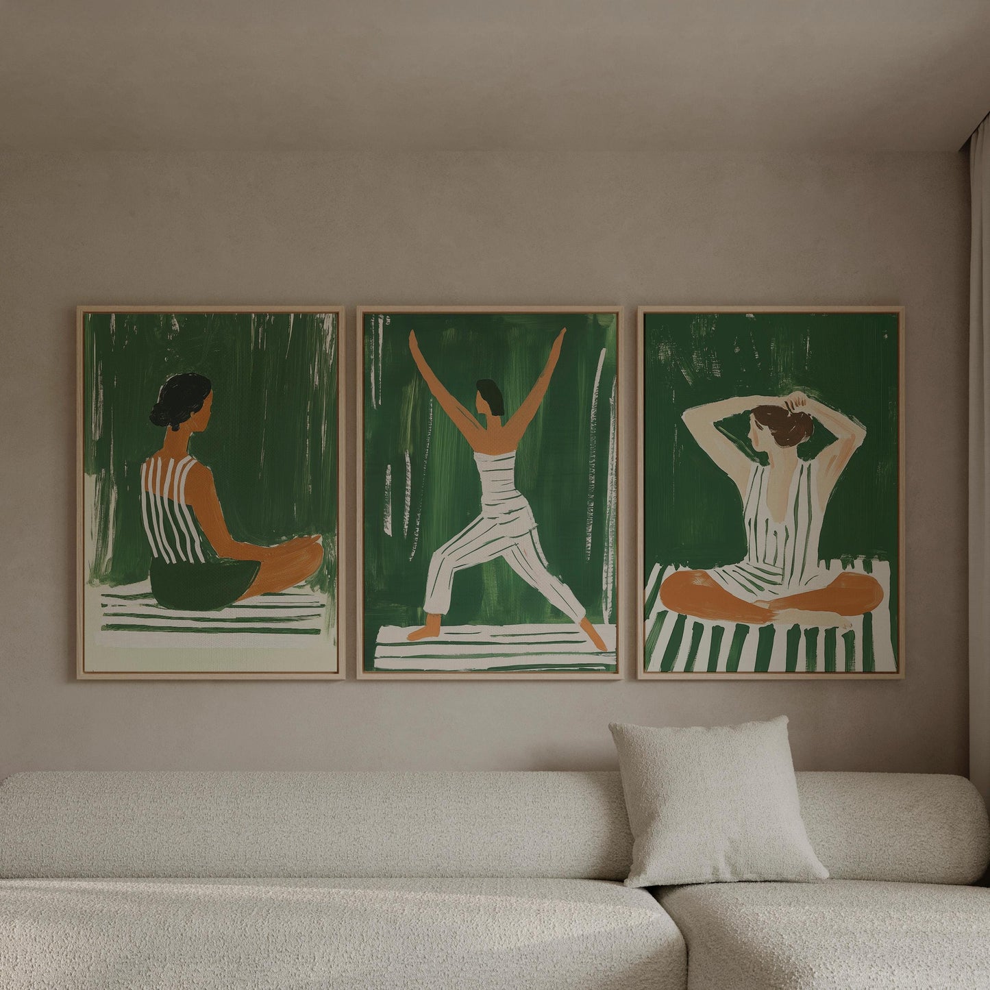 Green Yoga Canvas Prints – Set of Three Fitness Wall Art on Cotton Canvas