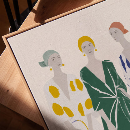 Figurative Canvas Wall Art Three Women in Patterned Dresses with Green Yellow and Blue Frame