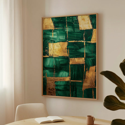 Emerald Green and Gold Abstract Canvas Print, Modern Giclée Wall Art for Dining Room or Elegant Living Space