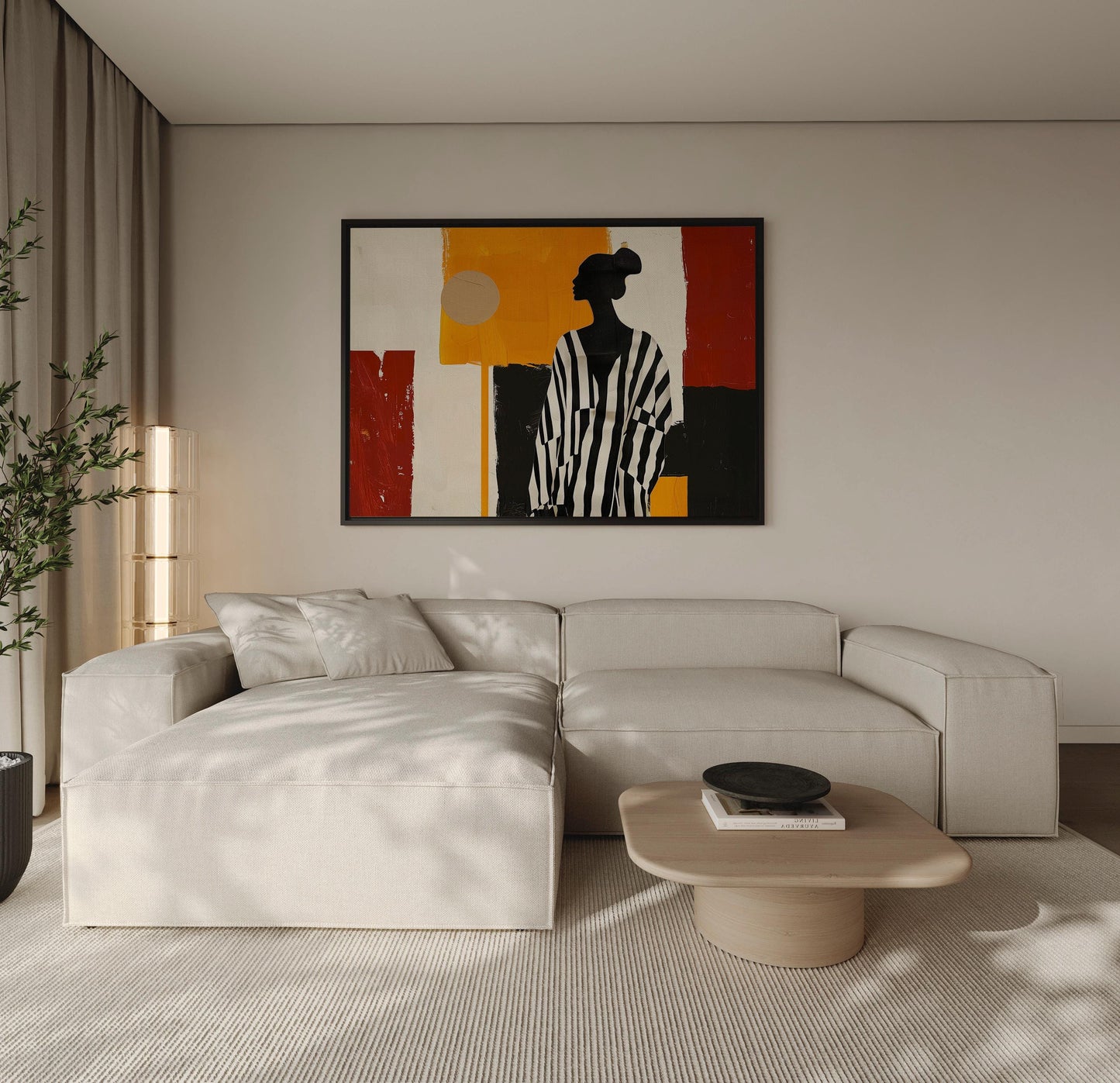 Modern Canvas Wall Art - Striped Woman Art with Geometric Wall Decor & Gallery Frame