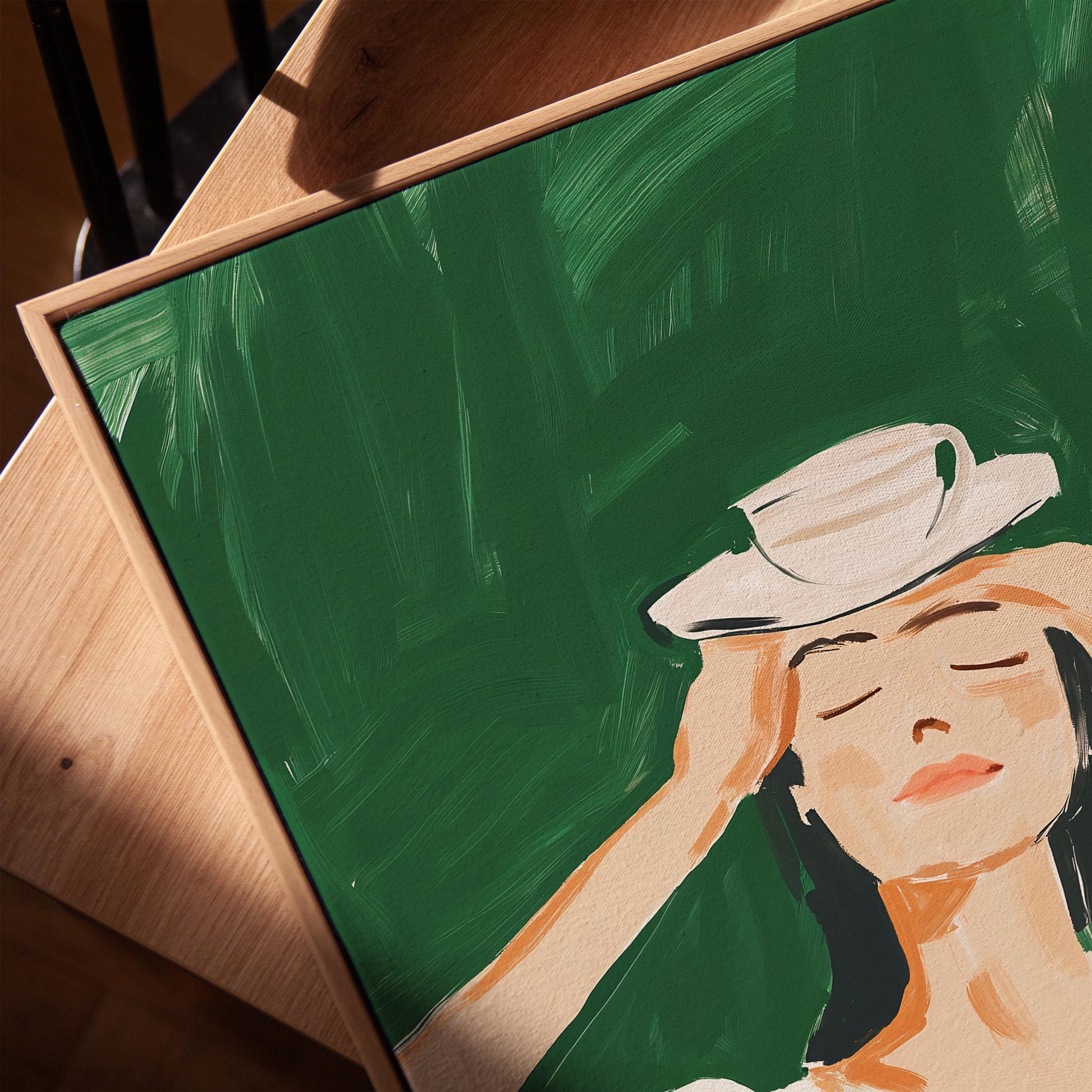 Figurative Canvas Wall Art Woman Balancing Teacup on Head in White and Green Dress Framed Print