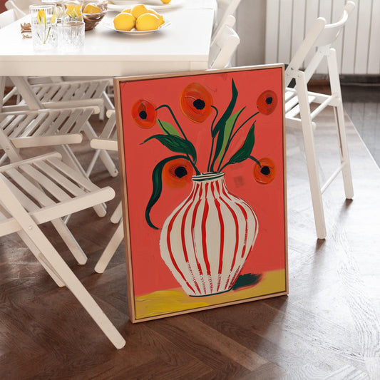 Floral Canvas Wall Art Red Poppies in Striped White Vase on Pink Background Modern Framed Painting