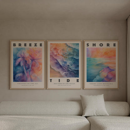 Breeze Tide Shore Canvas Wall Art Set of 3 Ocean Posters Coastal Beach Nautical Prints for Living Room Bedroom or Office