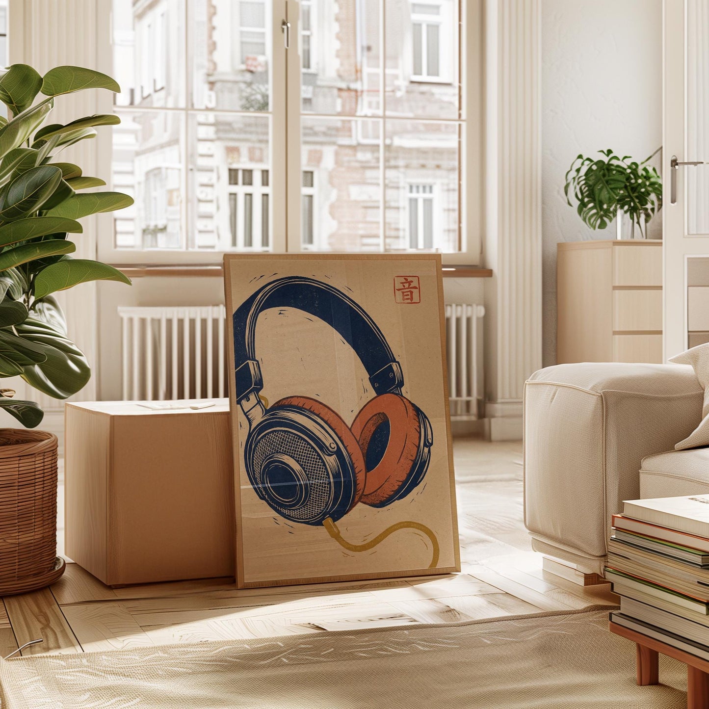 Vintage Headphones Art Print - Retro Music Poster | Navy Orange Artwork
