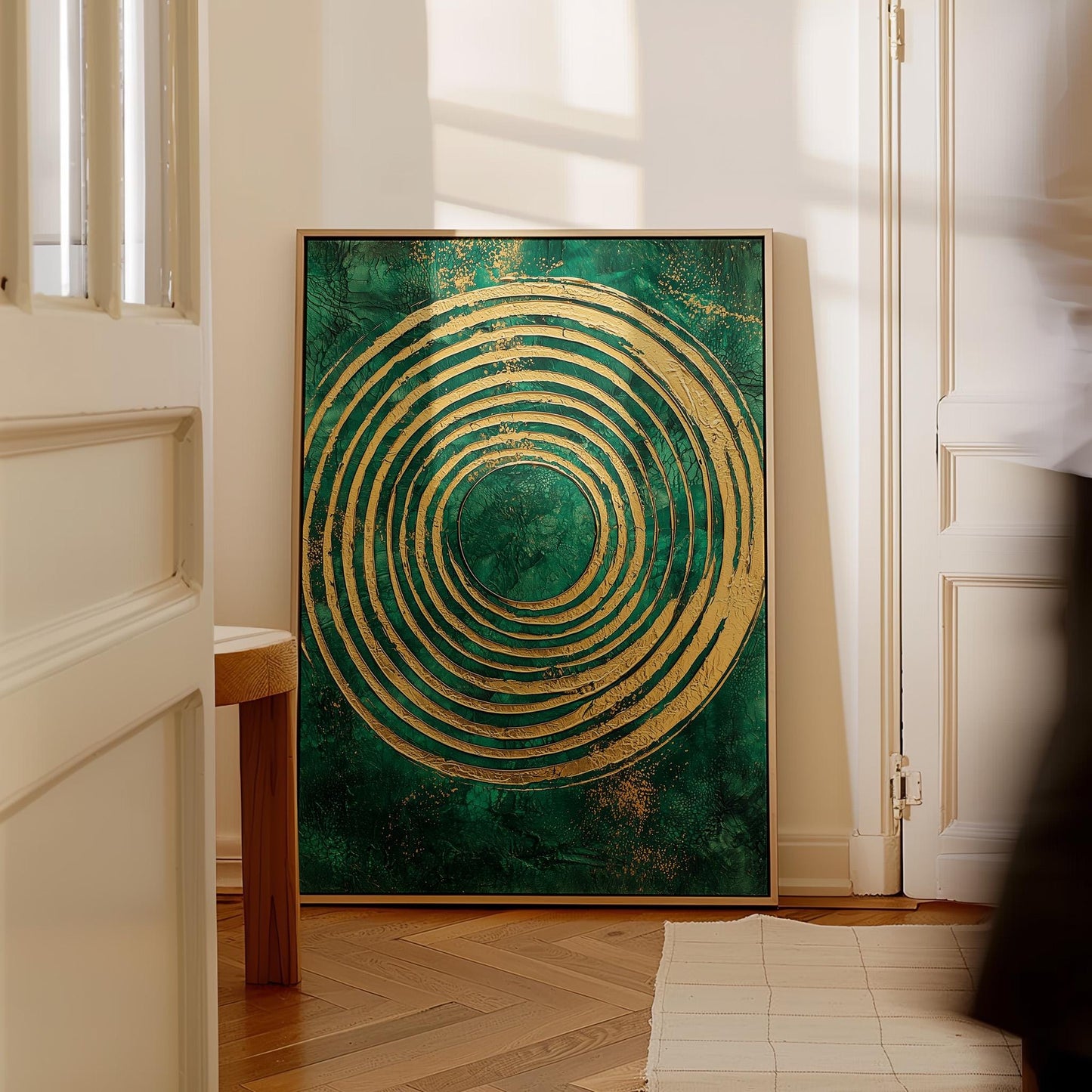 Emerald Gold Spiral Canvas Art, Abstract Textured Painting, Modern Giclée Wall Art for Living Room or Office, Luxury Home Decor