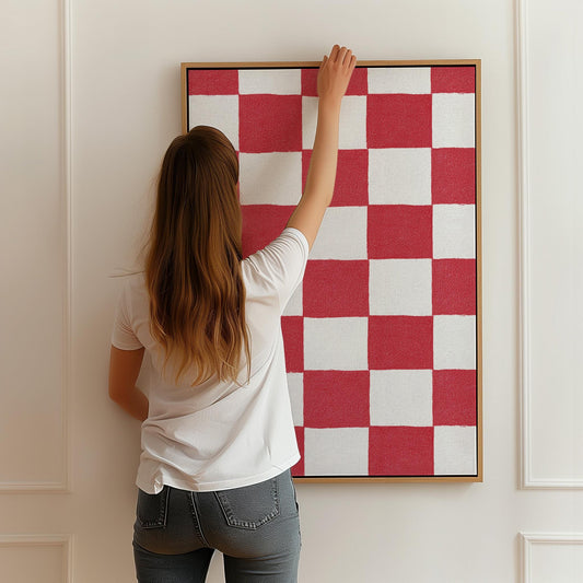 Canvas Wall Art - Red and White Checkered Canvas Art with Floating Wood Frame