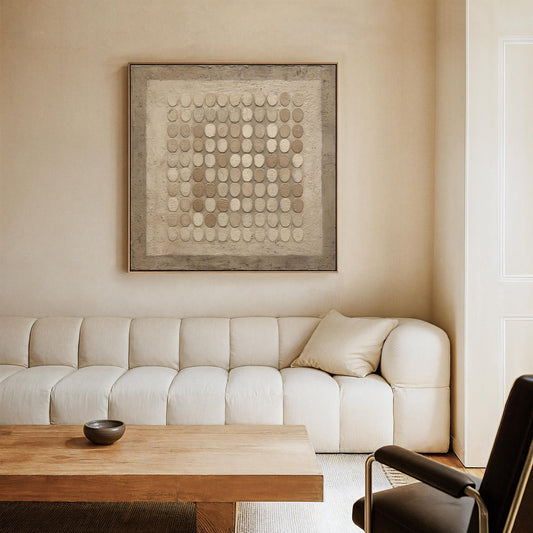 Neutral Geometric Canvas Wall Art, Minimalist Textured Circles Painting, Modern Square Artwork for Living Room or Bedroom