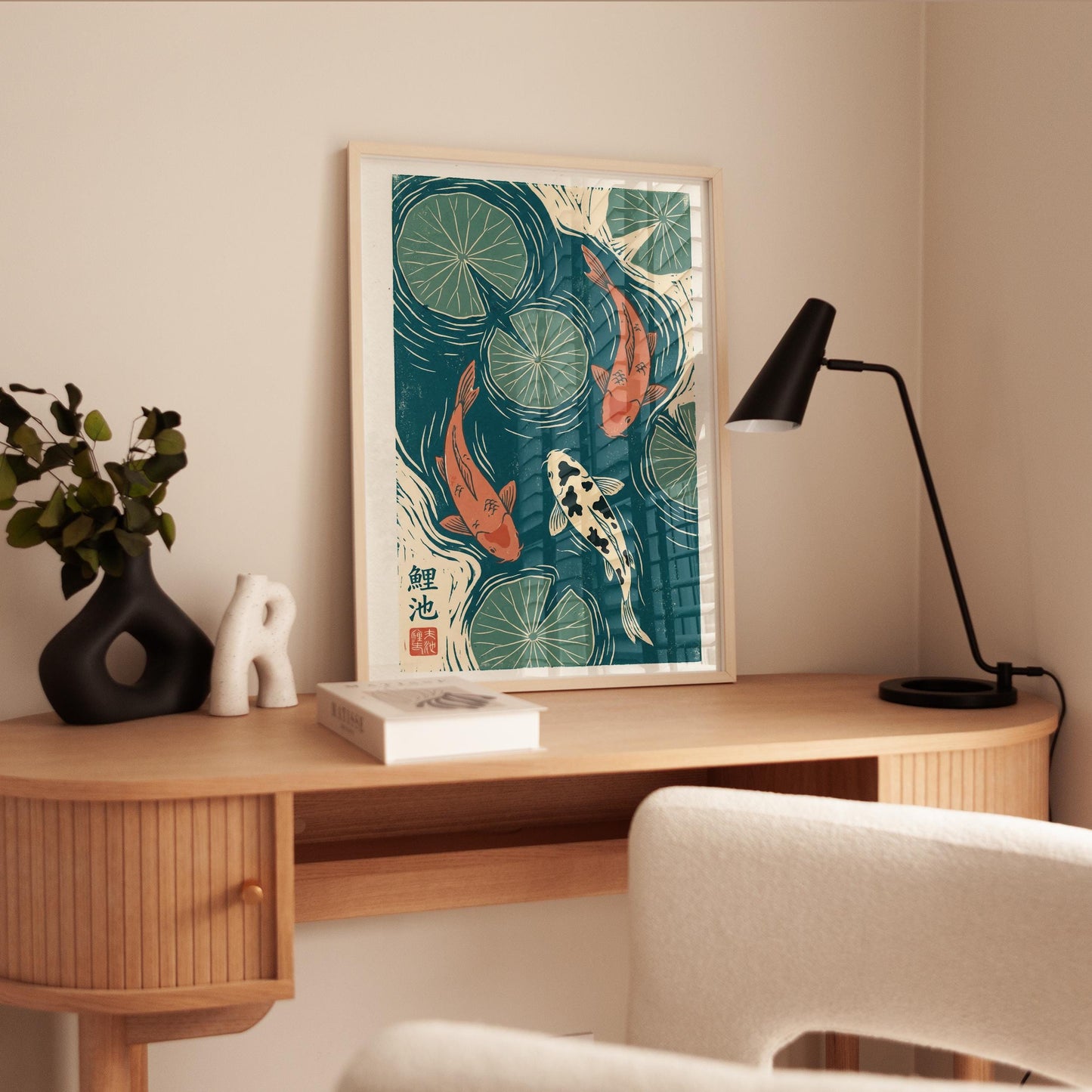 Koi Fish Print Japanese Art Linocut Wall Art – Lotus Leaf Decor in Teal