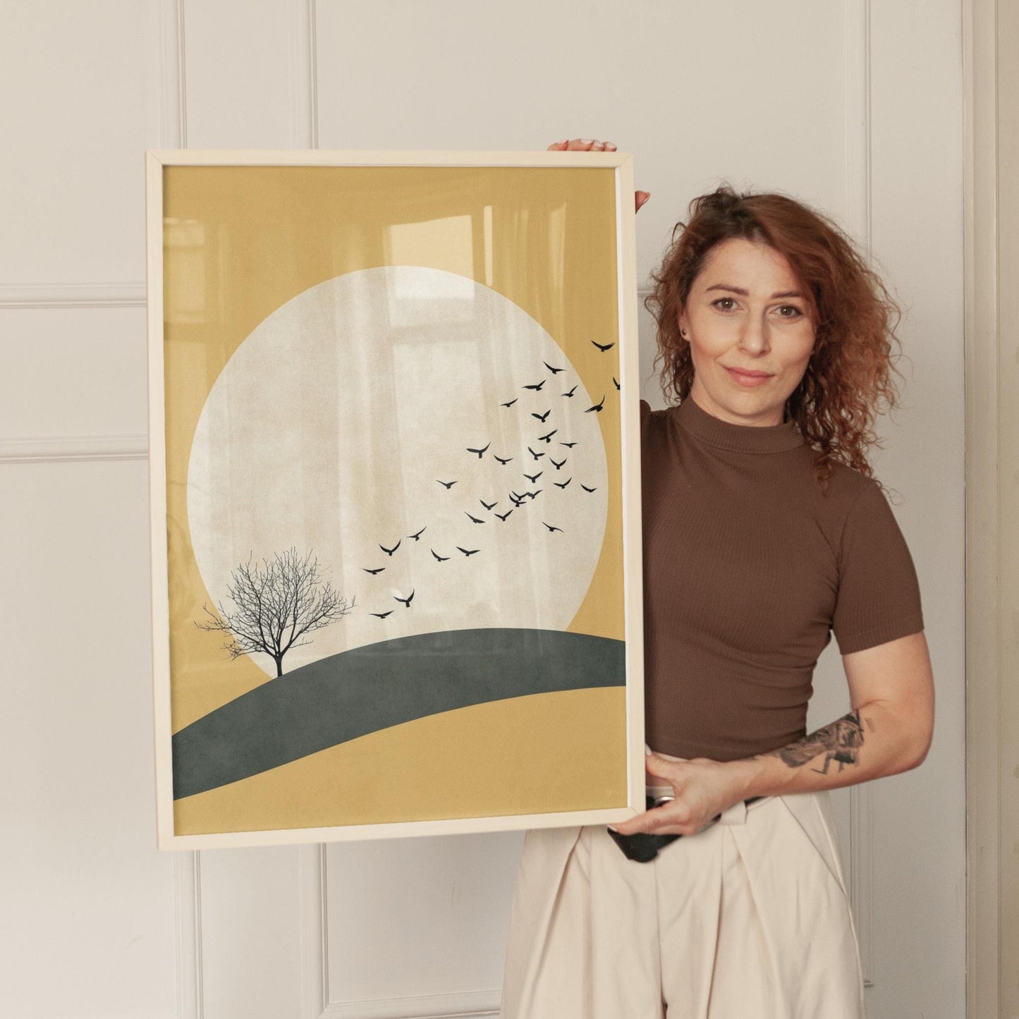 Japandi Wall Art | Yellow Sun Artwork With Flying Birds Canvas - Minimalist Decor