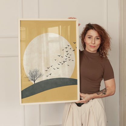 Japandi Wall Art | Yellow Sun Artwork With Flying Birds Canvas - Minimalist Decor