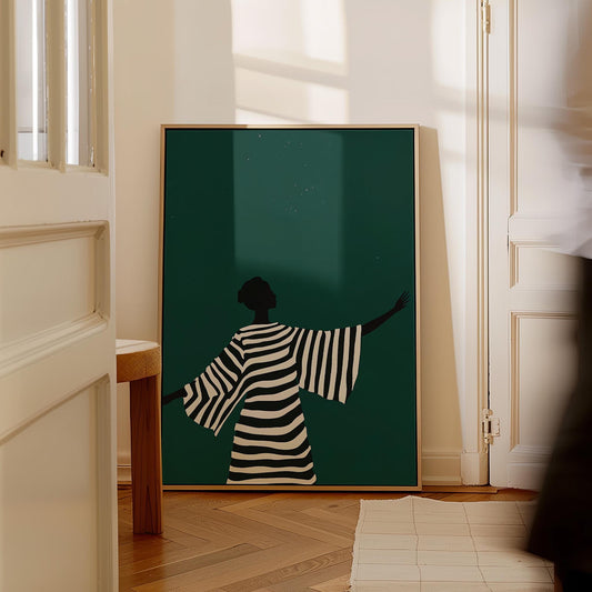 Minimalist Canvas Wall Art Black and White Woman Silhouette in Striped Dress Modern Large Print for Living Room or Bedroom