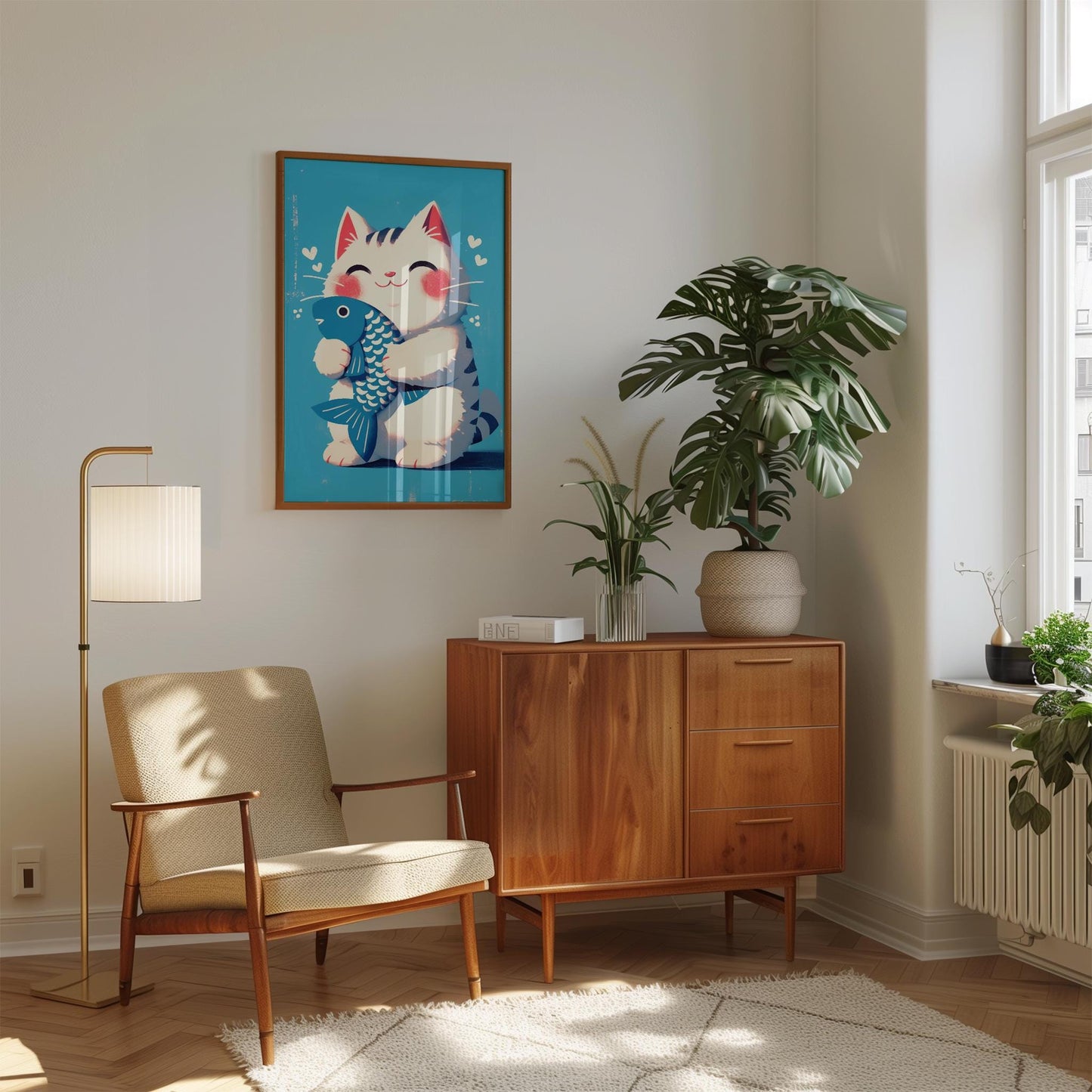 Maneki Neko Print – Japanese Lucky Cat Art With Blue Fish For Nursery Decor