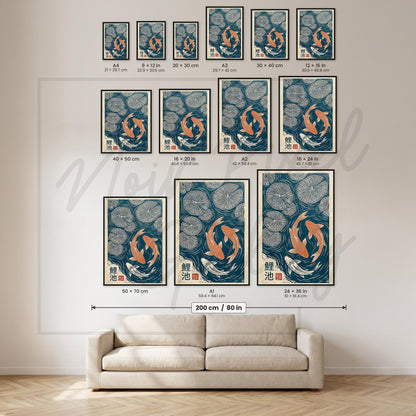 Koi Fish Print – Japanese Art Linocut Poster in Teal Pond Wall Decor