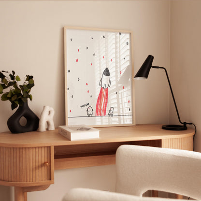 Rocket Ship Print – Inspirational Kids Room Decor with Pink Flames