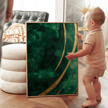 Emerald Green and Gold Wave Canvas Print, Abstract Giclée Textured Wall Art for Living Room or Luxury Interior