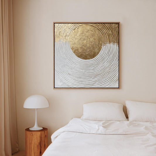 Gold and White Square Textured Canvas Wall Art with Floating Frame Modern Extra Large Painting