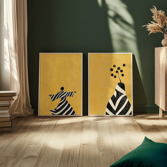Yellow Abstract Figurative Canvas Set of 2: Modern Canvas for Living Room
