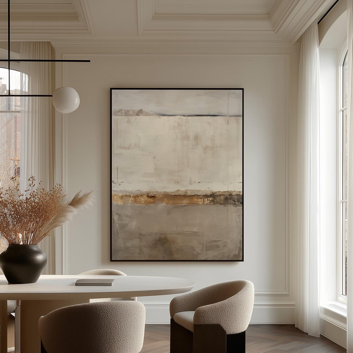 Beige and Brown Abstract Landscape Canvas Wall Art with Floating Frame Modern Neutral Painting for Living Room