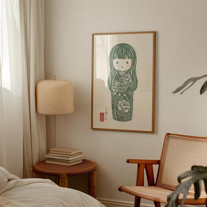Japanese Kokeshi Doll Print – Floral Kimono Art | Sage Green Nursery Wall Art