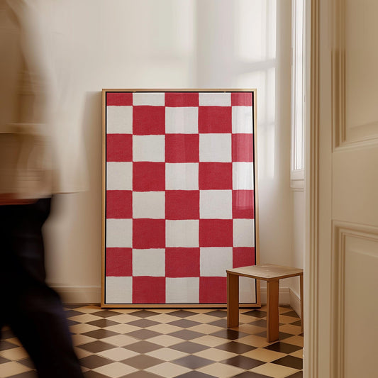 Checkered Canvas Art: Minimalist Red and White Giclée Print