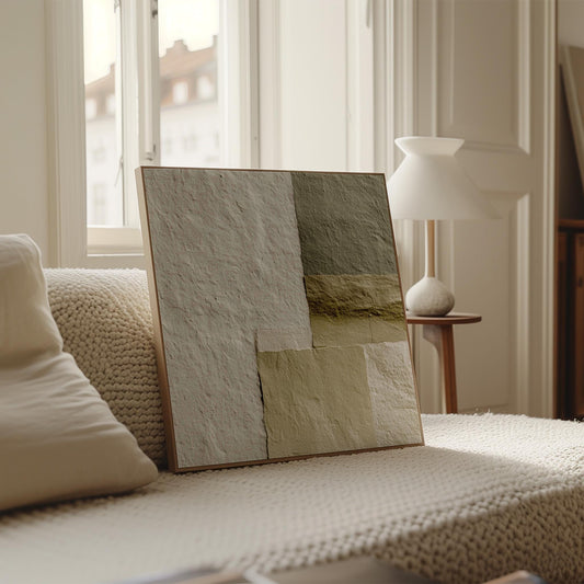 Abstract Canvas Wall Art – Green Beige Minimalist Geometric Print on Cotton Canvas