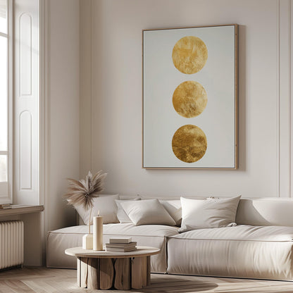 Gold Circle Minimalist Canvas Art Textured Abstract Painting in White and Beige, Modern Luxury Wall Decor for Living Room or Bedroom