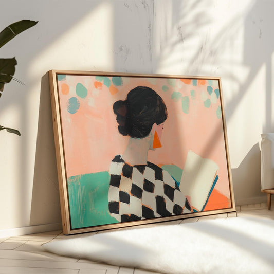 Figurative Canvas Wall Art: Woman Reading with Geometric Patterns, Modern Colorful Painting for Living Room or Bedroom
