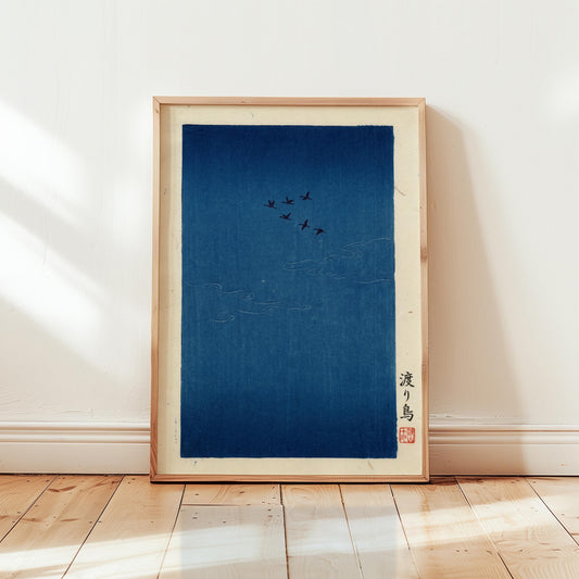 Japanese Bird Art Print – Minimalist Blue Sky Poster With Migrating Flock Design