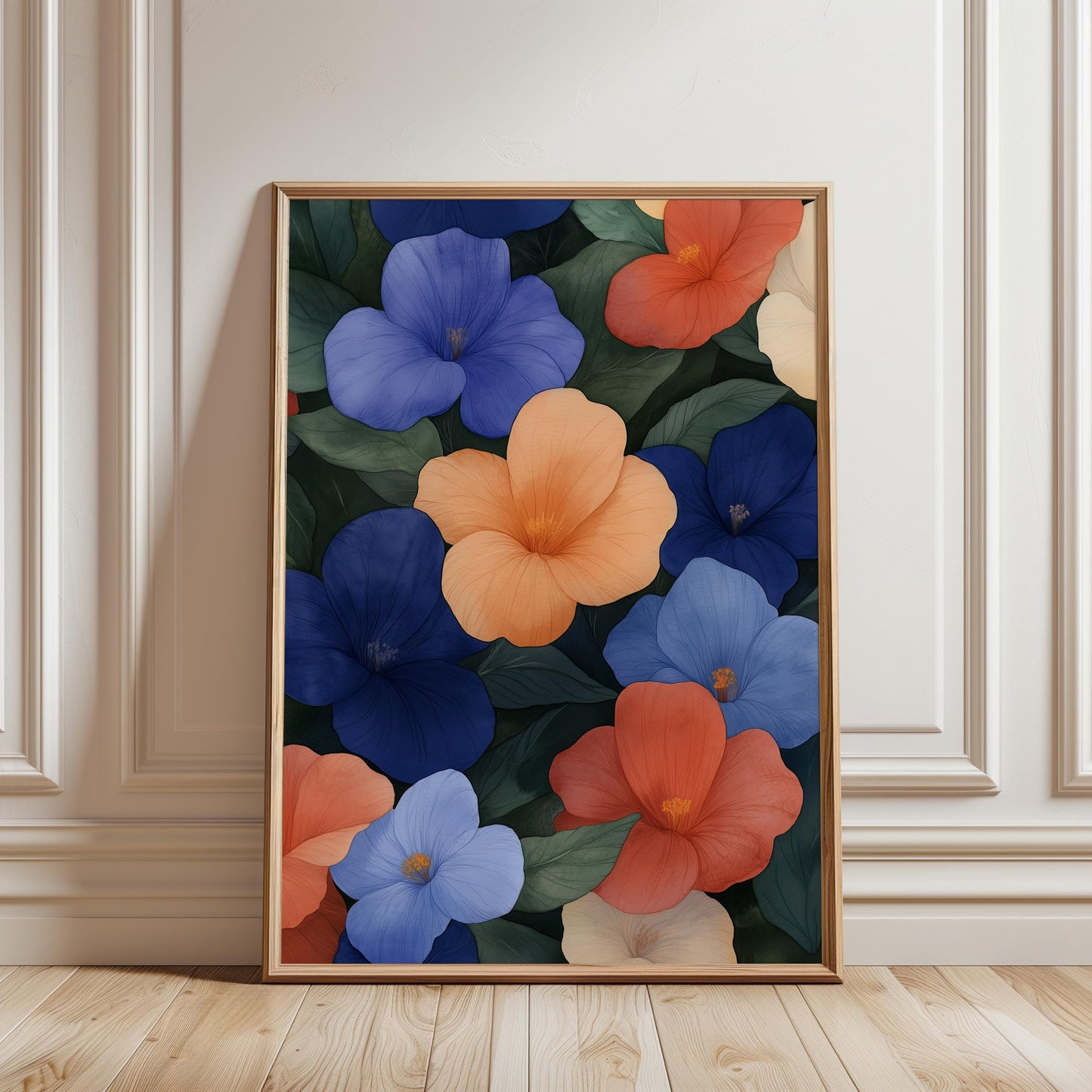 Botanical Wall Art – Tropical Floral Print With Blue Coral Hibiscus Flowers
