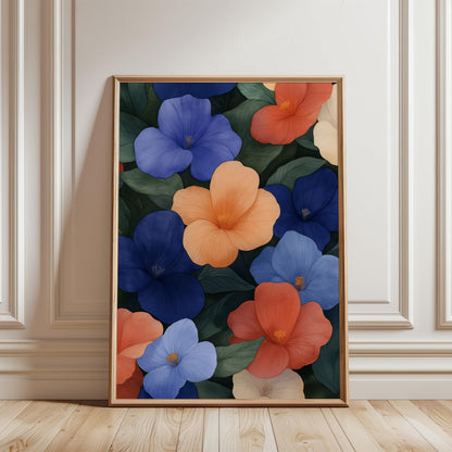 Botanical Wall Art – Tropical Floral Print With Blue Coral Hibiscus Flowers