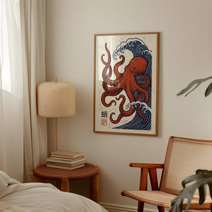 Octopus Art Print – Japanese Woodblock Print Coastal Wall Decor with Wave Art Poster
