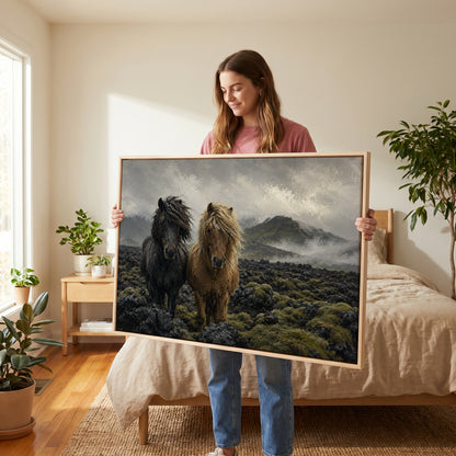 Two Icelandic horses standing in a mossy lava field under fog, wall art print