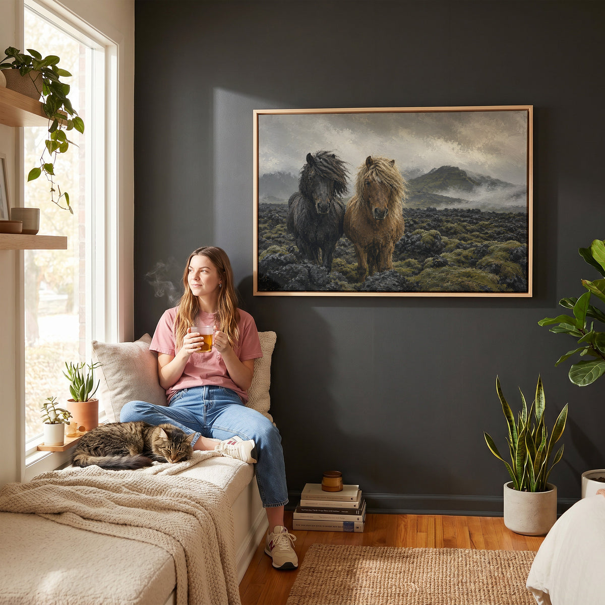 Horse canvas wall art showing two Icelandic horses standing in a mossy lava field under fog