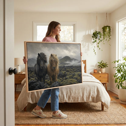 Nordic canvas wall art showing two Icelandic horses standing in a mossy lava field under fog
