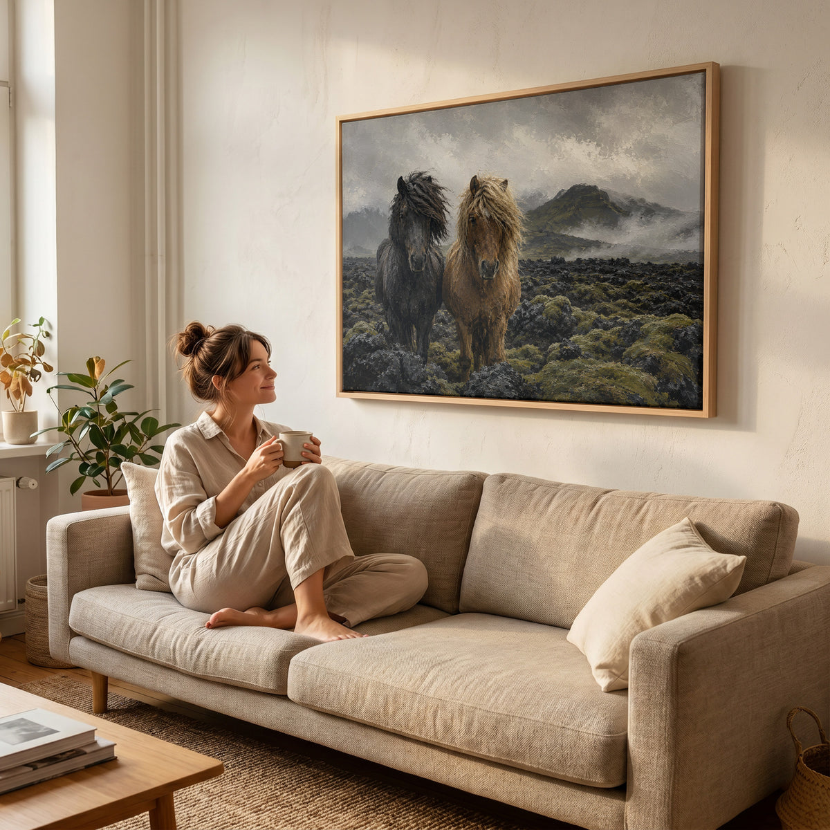 Two Icelandic horses standing in a mossy lava field under fog, canvas art print