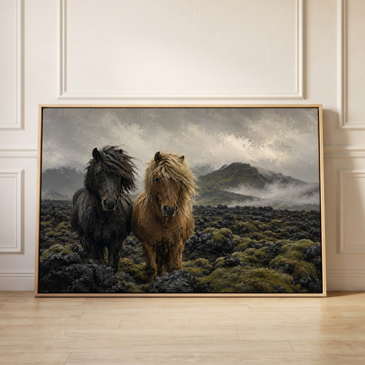 Two Icelandic horses standing in a mossy lava field under fog, canvas wall art