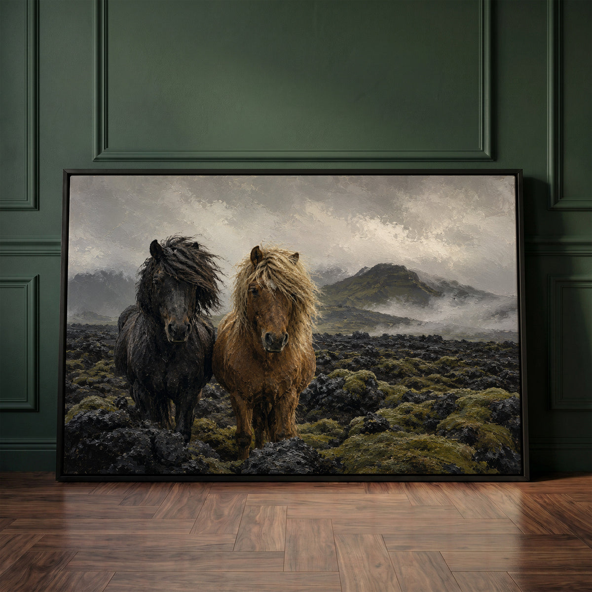 Lava field canvas wall art showing two Icelandic horses standing in a mossy lava field under fog
