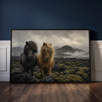 Icelandic horses canvas wall art showing two Icelandic horses standing in a mossy lava field under fog