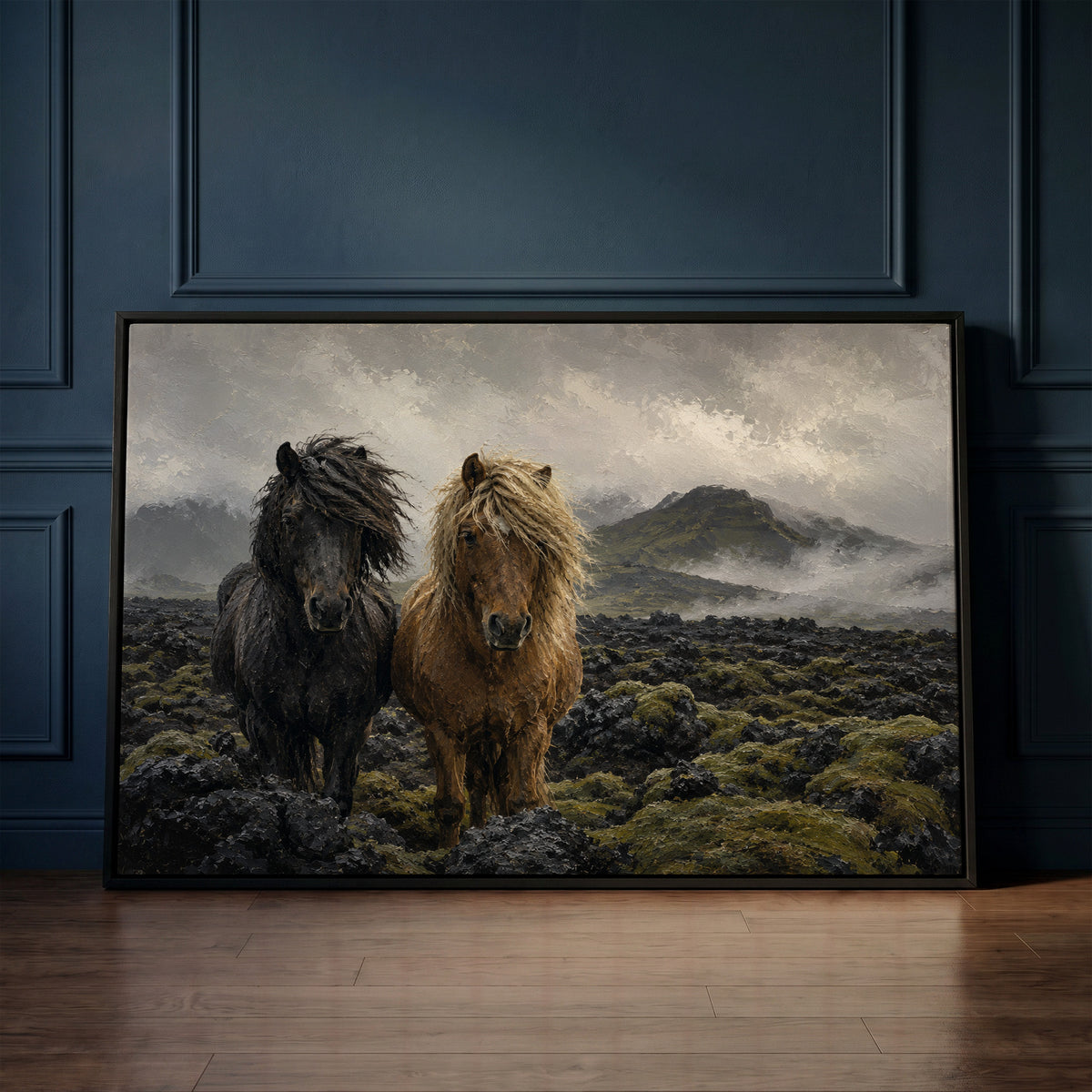 Equestrian canvas wall art showing two Icelandic horses standing in a mossy lava field under fog
