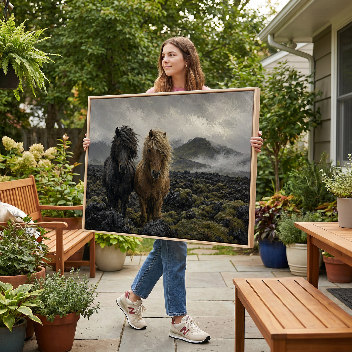 Two Icelandic horses standing in a mossy lava field under fog, icelandic horses horizontal canvas print