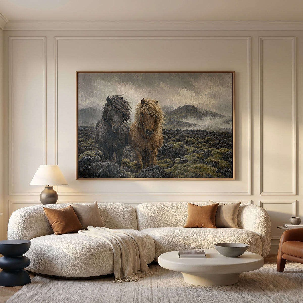 Iceland canvas wall art showing two Icelandic horses standing in a mossy lava field under fog